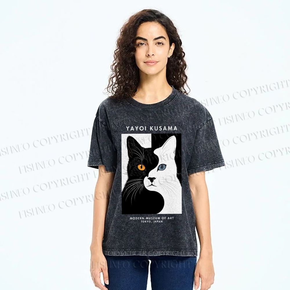 Unisex Yayoi Kusama Black White Cat Printed Washed Tee