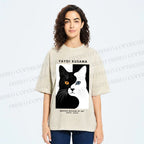 Unisex Yayoi Kusama Black White Cat Printed Washed Tee