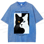 Unisex Yayoi Kusama Black White Cat Printed Washed Tee