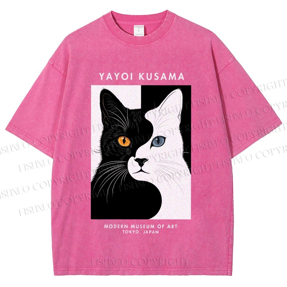 Unisex Yayoi Kusama Black White Cat Printed Washed Tee