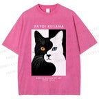 Unisex Yayoi Kusama Black White Cat Printed Washed Tee