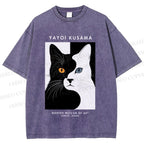 Unisex Yayoi Kusama Black White Cat Printed Washed Tee