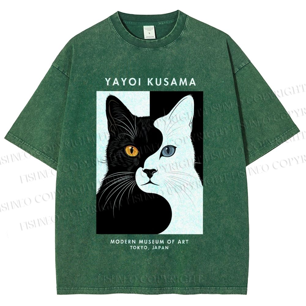 Unisex Yayoi Kusama Black White Cat Printed Washed Tee