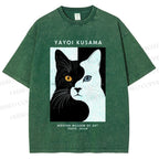 Unisex Yayoi Kusama Black White Cat Printed Washed Tee