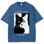 Unisex Yayoi Kusama Black White Cat Printed Washed Tee