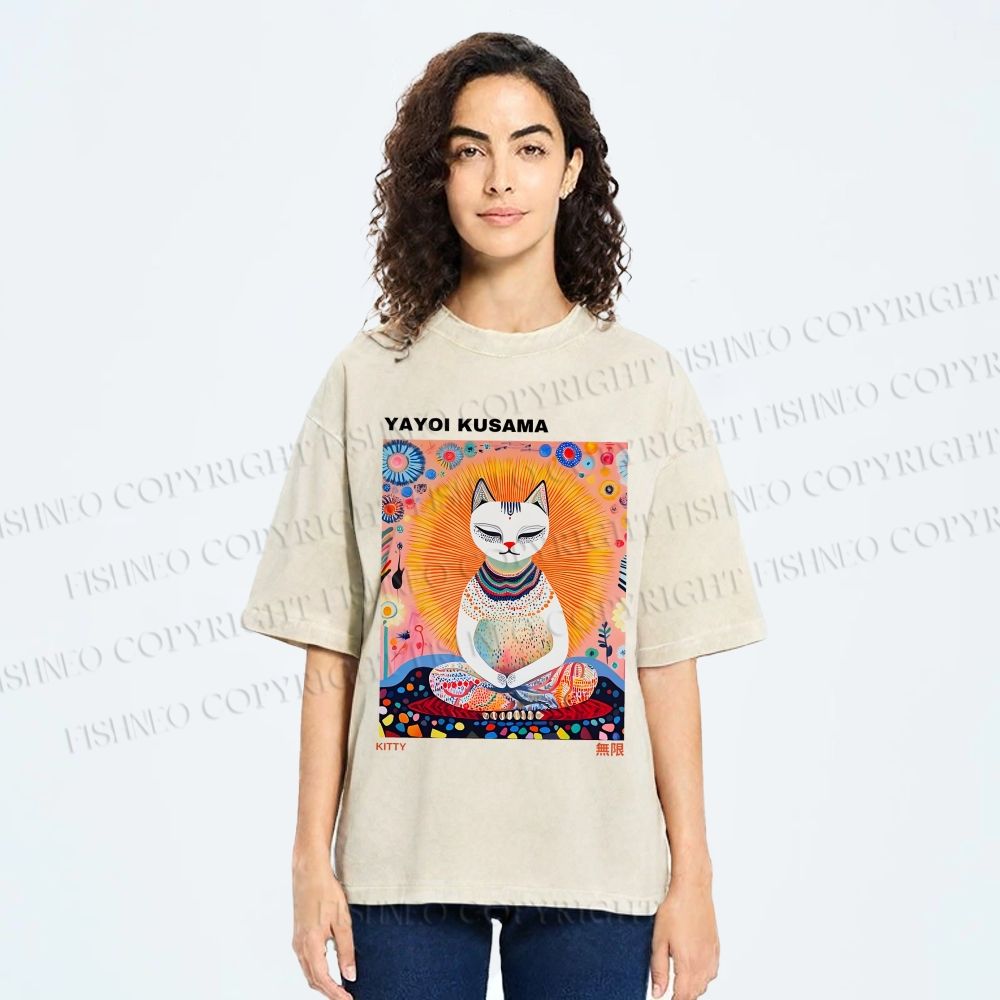 Unisex Yayoi Kusama Meditating Cat Printed Washed Tee