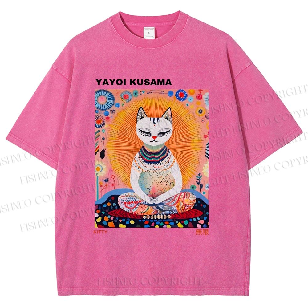 Unisex Yayoi Kusama Meditating Cat Printed Washed Tee