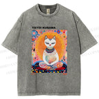 Unisex Yayoi Kusama Meditating Cat Printed Washed Tee