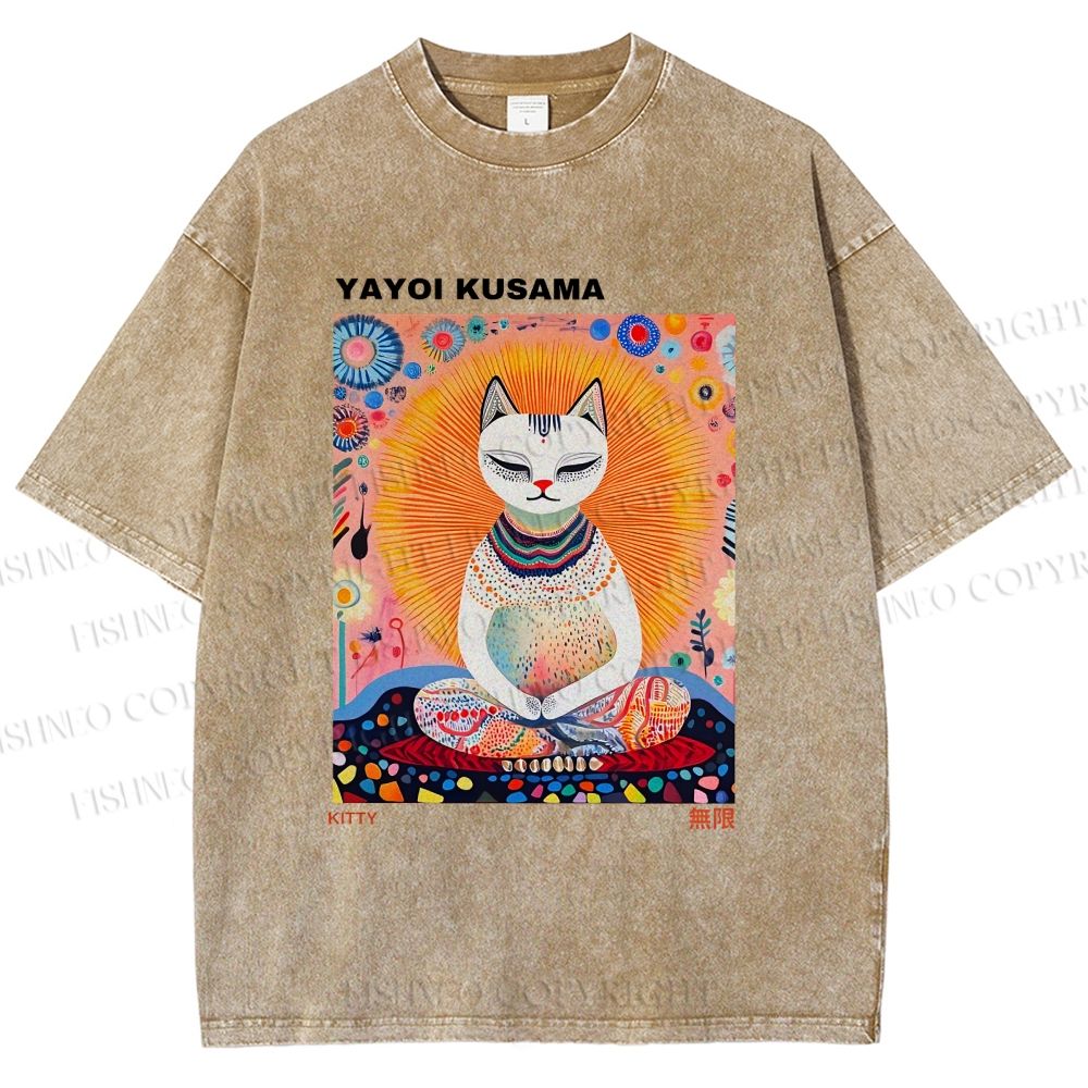 Unisex Yayoi Kusama Meditating Cat Printed Washed Tee