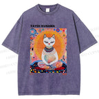 Unisex Yayoi Kusama Meditating Cat Printed Washed Tee