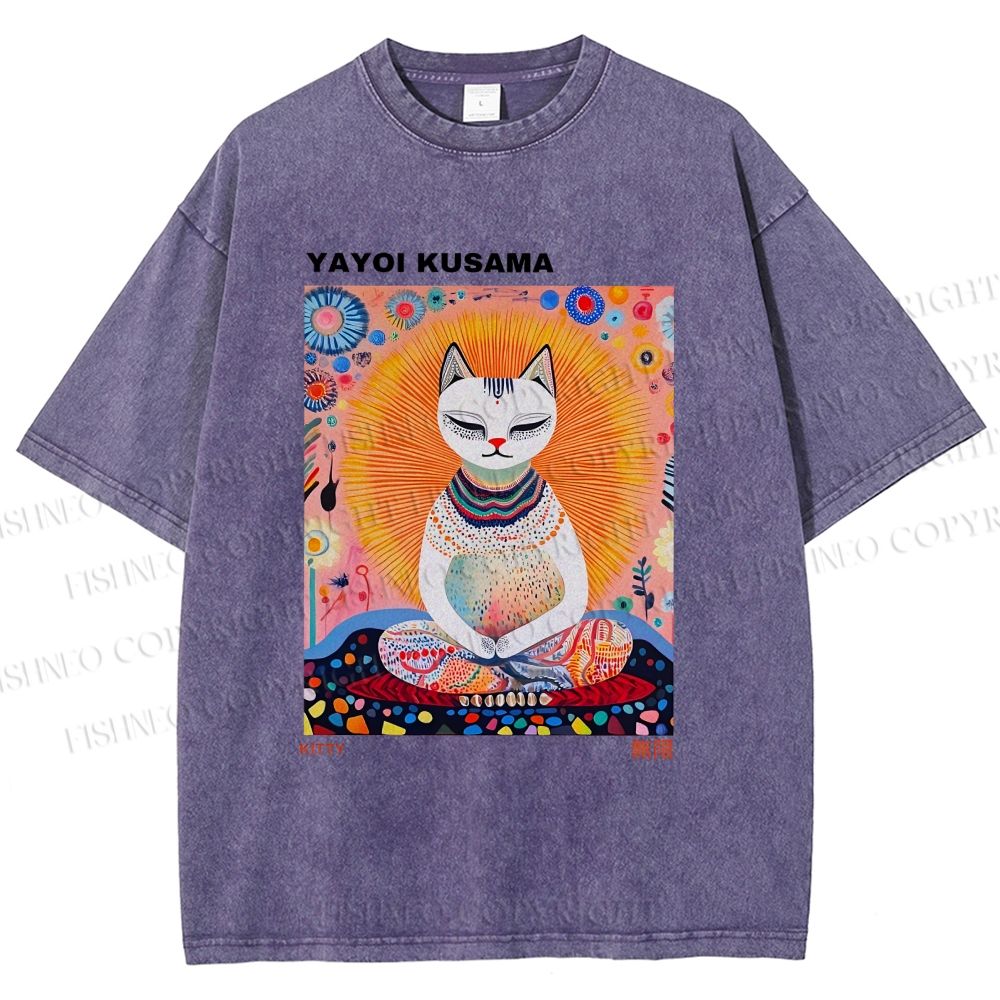Unisex Yayoi Kusama Meditating Cat Printed Washed Tee