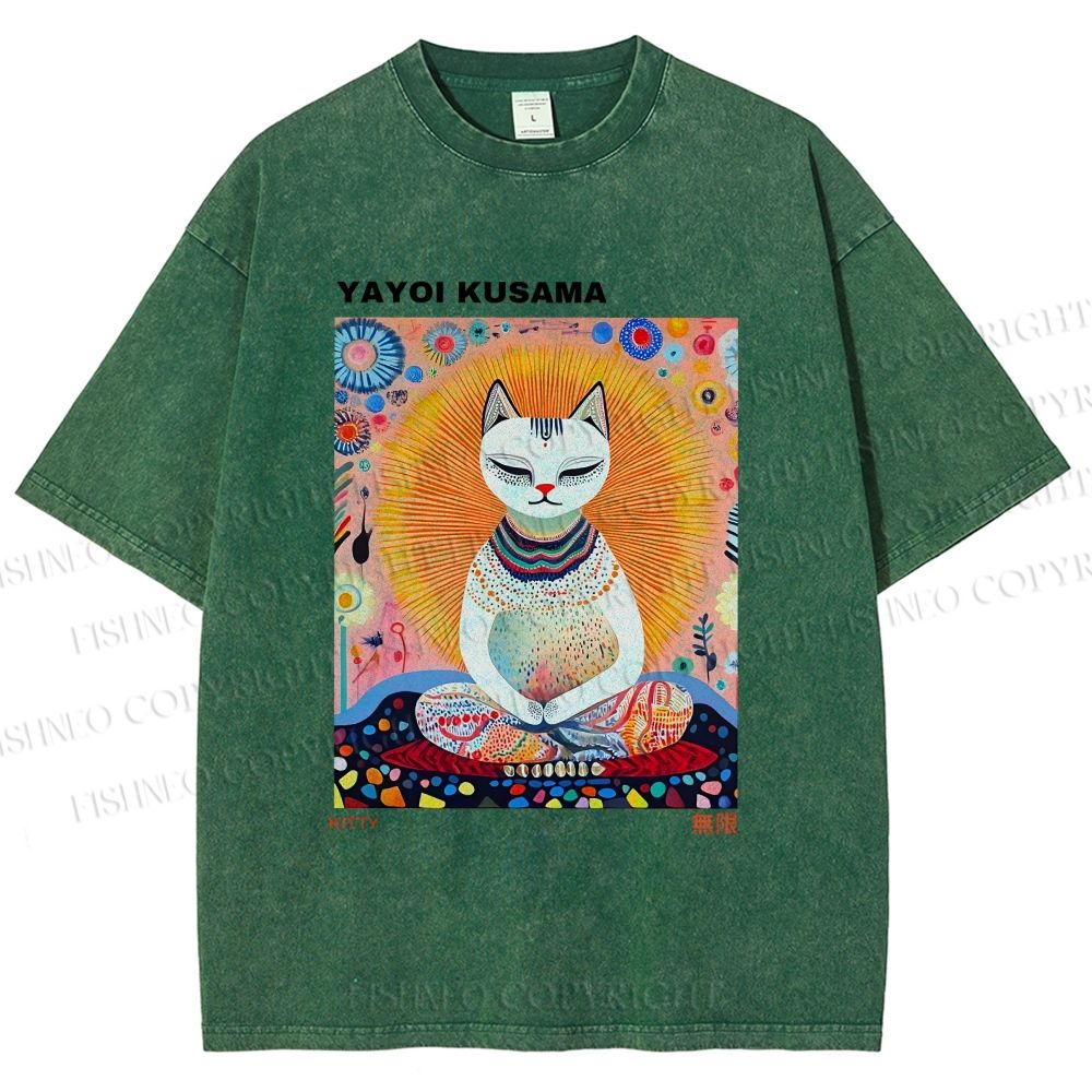 Unisex Yayoi Kusama Meditating Cat Printed Washed Tee