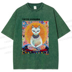 Unisex Yayoi Kusama Meditating Cat Printed Washed Tee