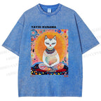 Unisex Yayoi Kusama Meditating Cat Printed Washed Tee