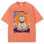 Unisex Yayoi Kusama Meditating Cat Printed Washed Tee