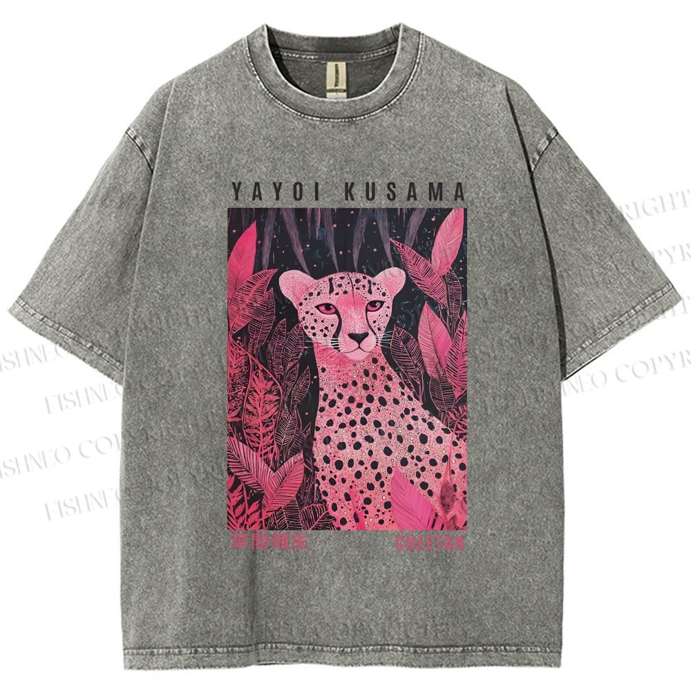 Unisex Yayoi Kusama Pink Jungle Leopard Printed Washed Tee