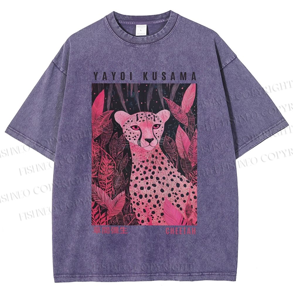 Unisex Yayoi Kusama Pink Jungle Leopard Printed Washed Tee