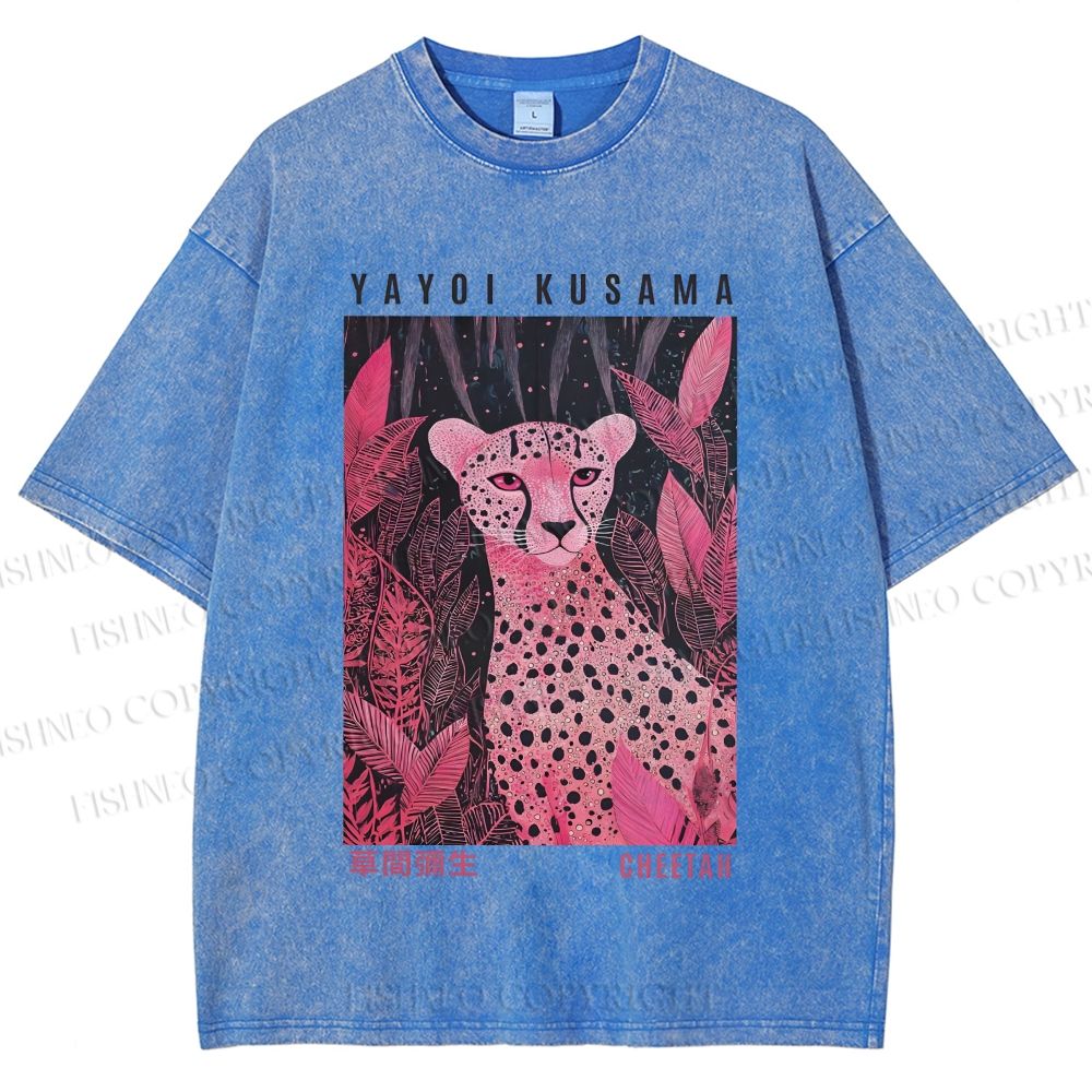 Unisex Yayoi Kusama Pink Jungle Leopard Printed Washed Tee
