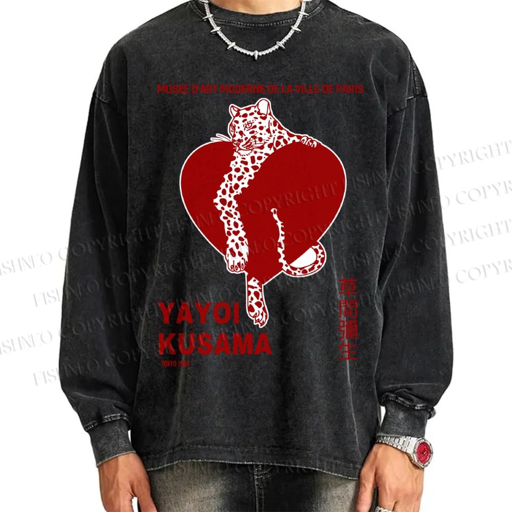 Unisex Casual Washed Yayoi Kusama Panther With Heart Printed Long Sleeve T-shirt