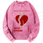 Unisex Casual Washed Yayoi Kusama Panther With Heart Printed Long Sleeve T-shirt