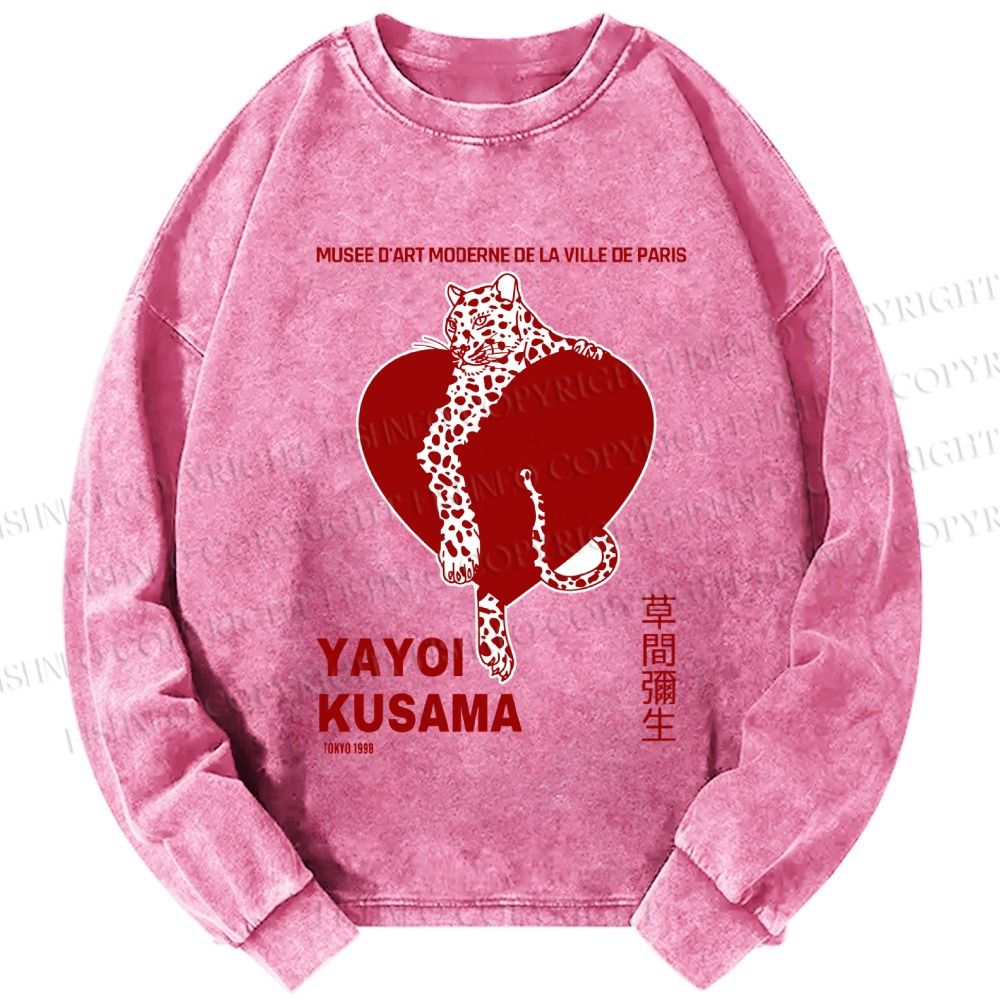 Unisex Casual Washed Yayoi Kusama Panther With Heart Printed Long Sleeve T-shirt