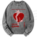 Unisex Casual Washed Yayoi Kusama Panther With Heart Printed Long Sleeve T-shirt
