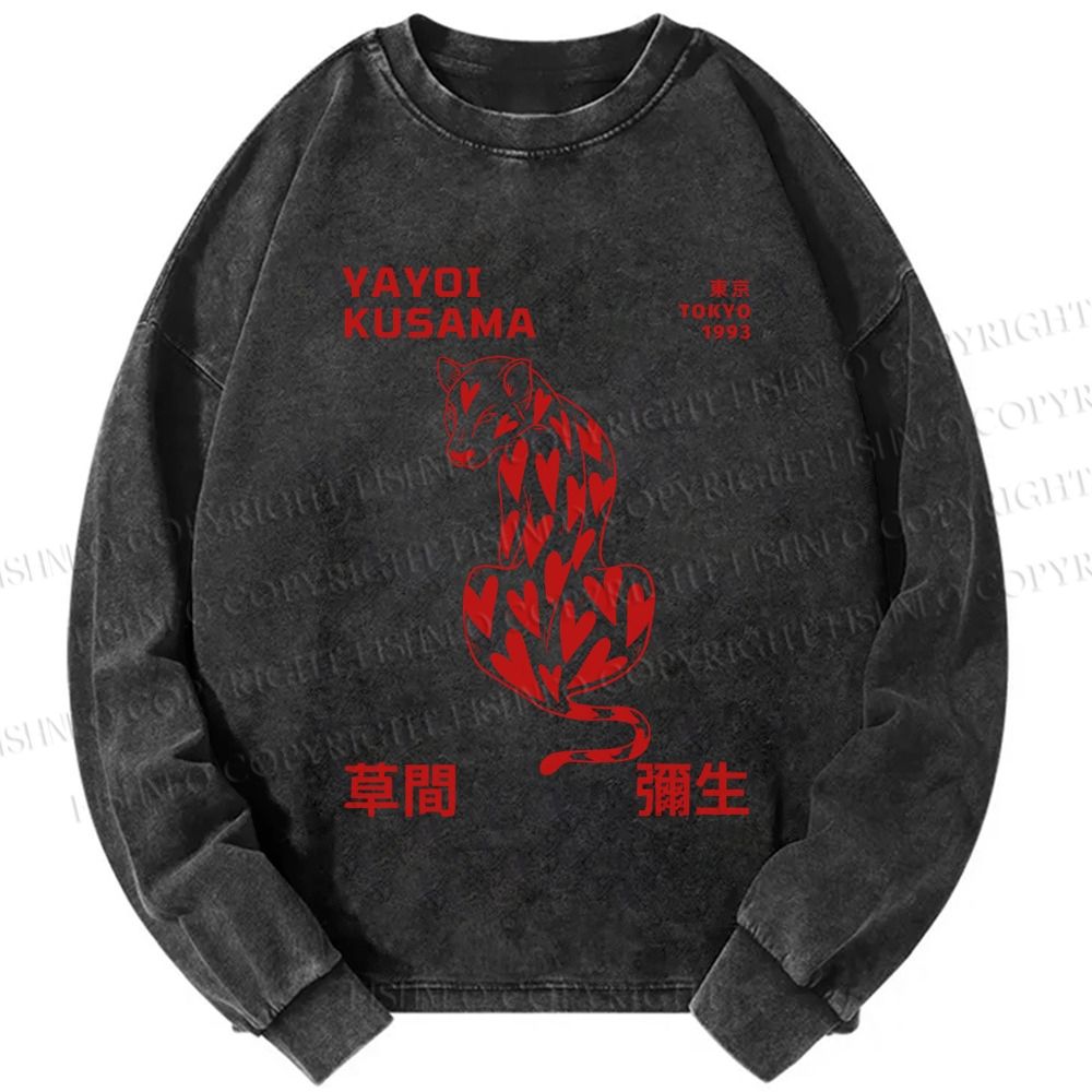 Unisex Casual Washed Yayoi Kusama Panther With Heart Printed Long Sleeve T-shirt