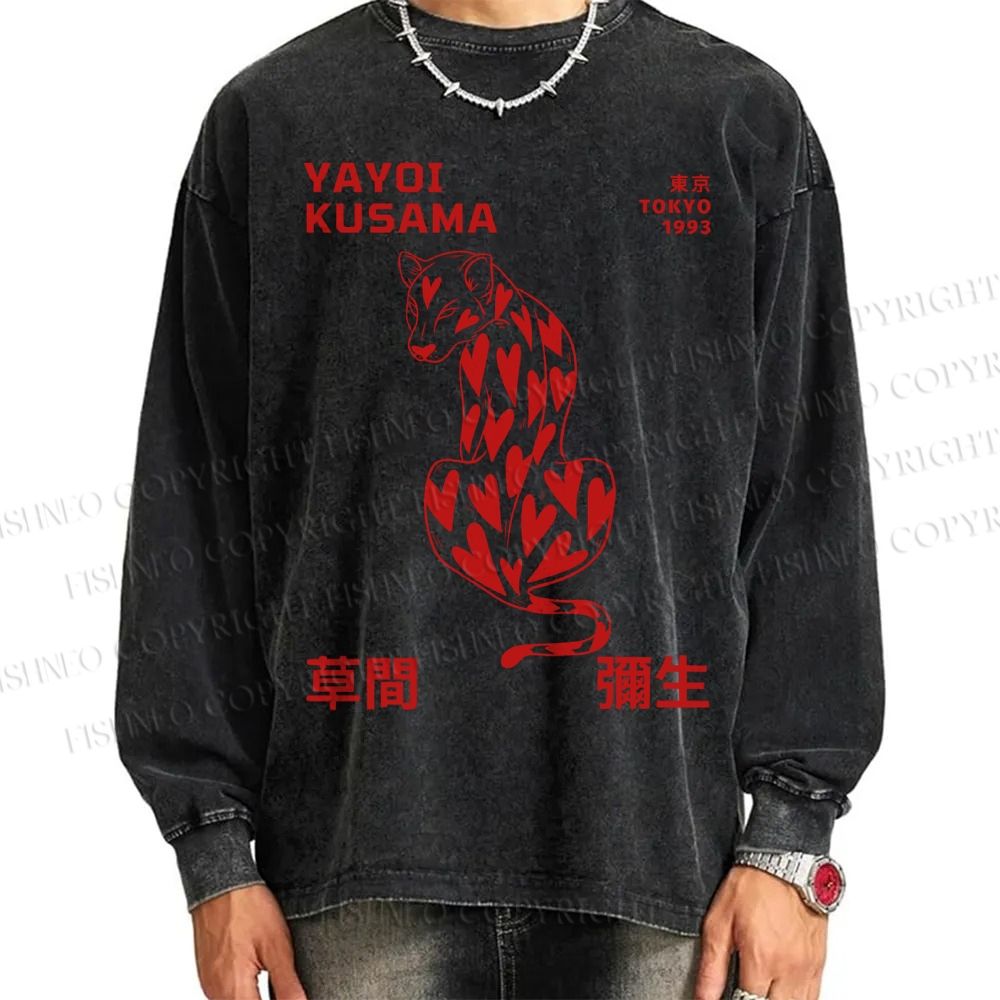 Unisex Casual Washed Yayoi Kusama Panther With Heart Printed Long Sleeve T-shirt