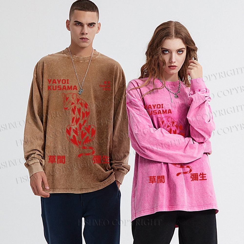 Unisex Casual Washed Yayoi Kusama Panther With Heart Printed Long Sleeve T-shirt