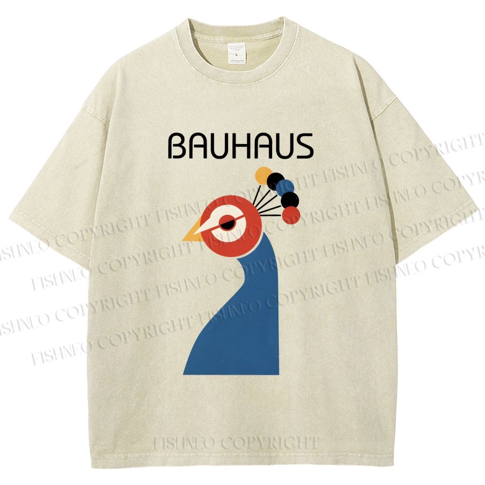 Unisex Bauhaus Geometric Peacock Printed Washed Tee