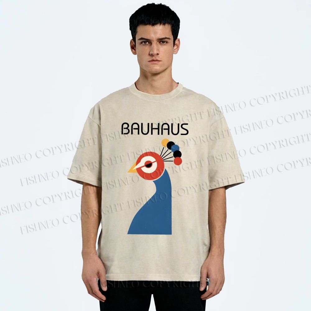 Unisex Bauhaus Geometric Peacock Printed Washed Tee