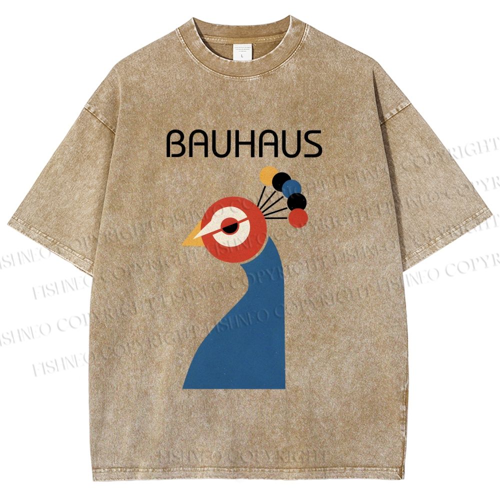 Unisex Bauhaus Geometric Peacock Printed Washed Tee