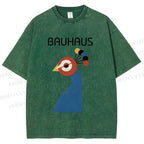Unisex Bauhaus Geometric Peacock Printed Washed Tee