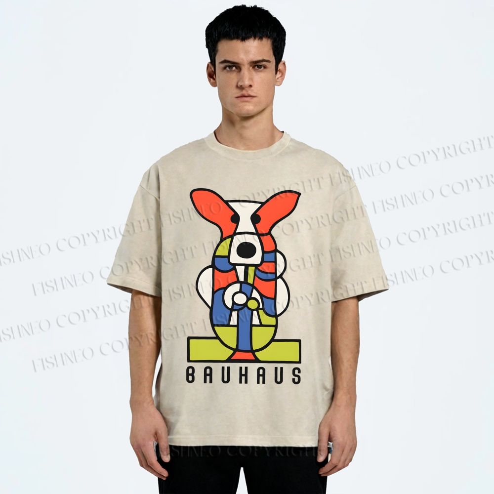 Unisex Bauhaus Geometric Dog Printed Washed Tee