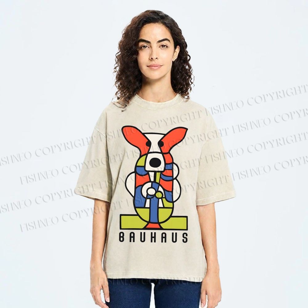 Unisex Bauhaus Geometric Dog Printed Washed Tee