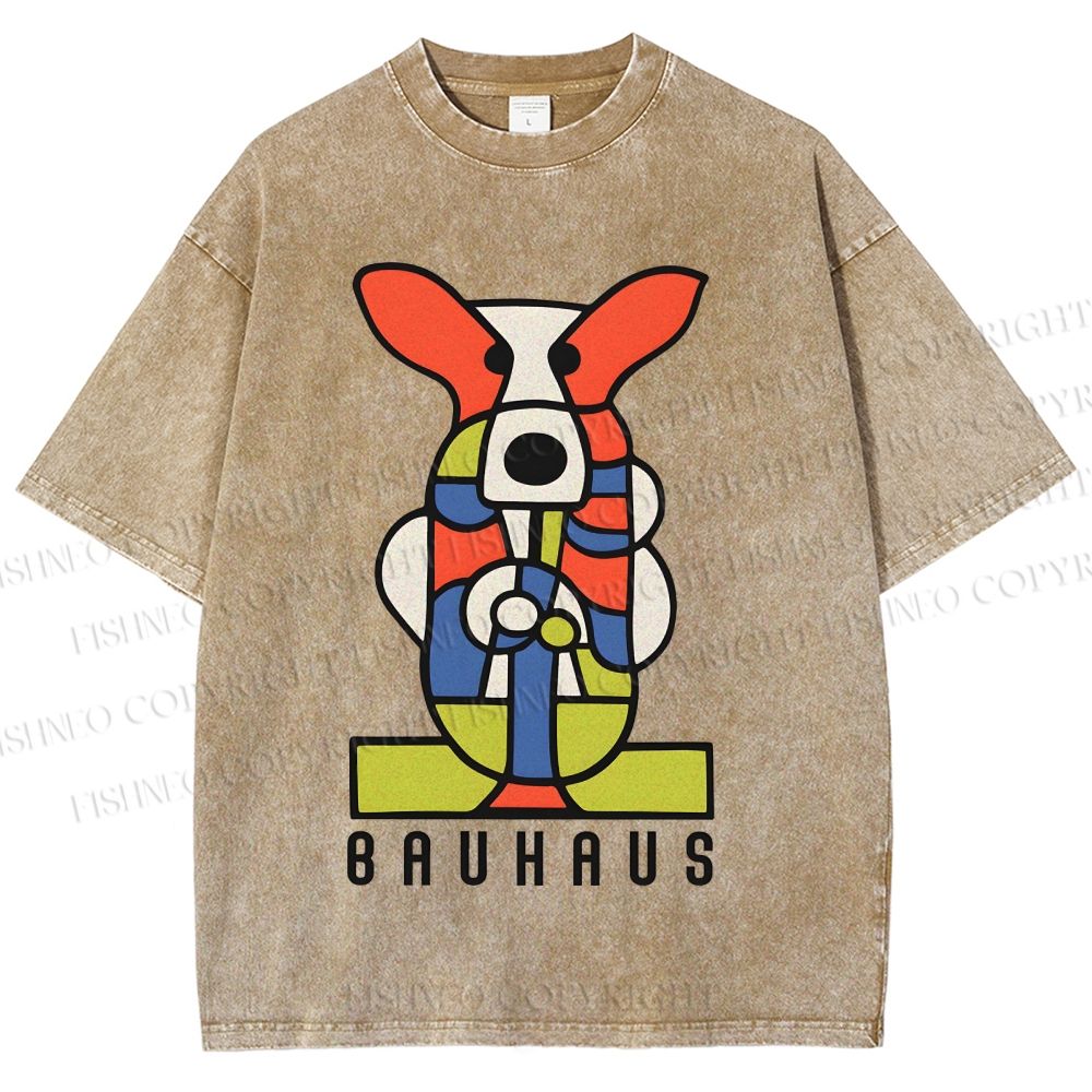 Unisex Bauhaus Geometric Dog Printed Washed Tee