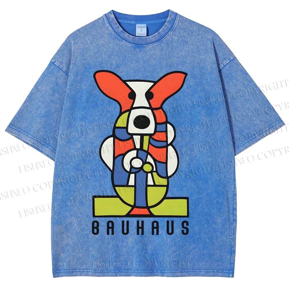 Unisex Bauhaus Geometric Dog Printed Washed Tee