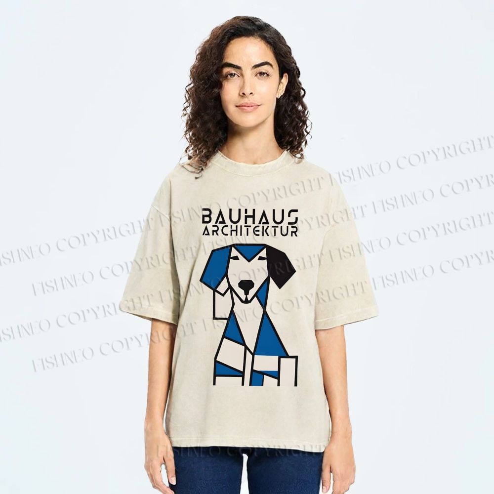 Unisex Bauhaus Geometric Dog Printed Washed Tee