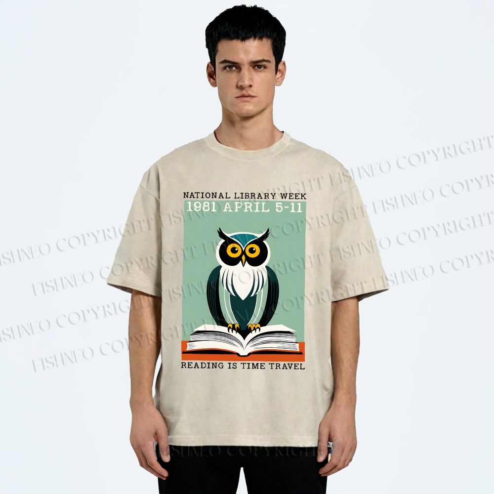 Unisex National Library Week Owl Printed Washed Tee