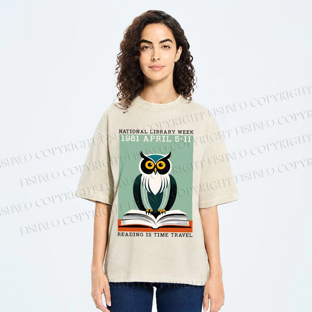 Unisex National Library Week Owl Printed Washed Tee