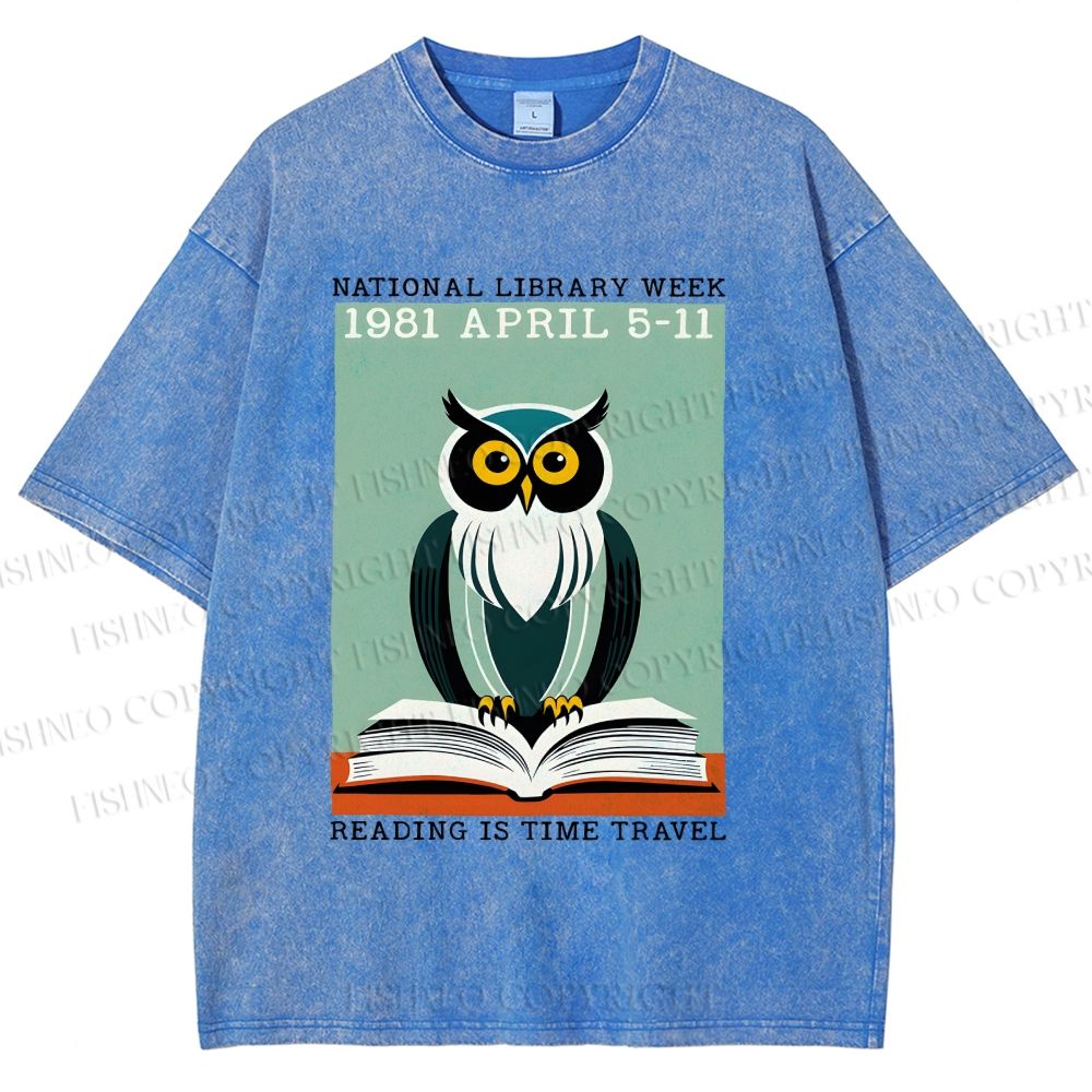 Unisex National Library Week Owl Printed Washed Tee