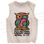 Unisex National Library Week Owl Printed Washed Tank Top