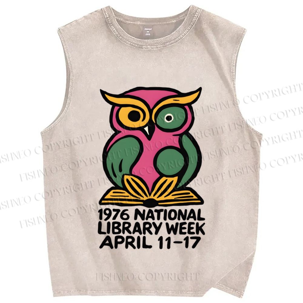 Unisex National Library Week Owl Printed Washed Tank Top