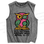 Unisex National Library Week Owl Printed Washed Tank Top