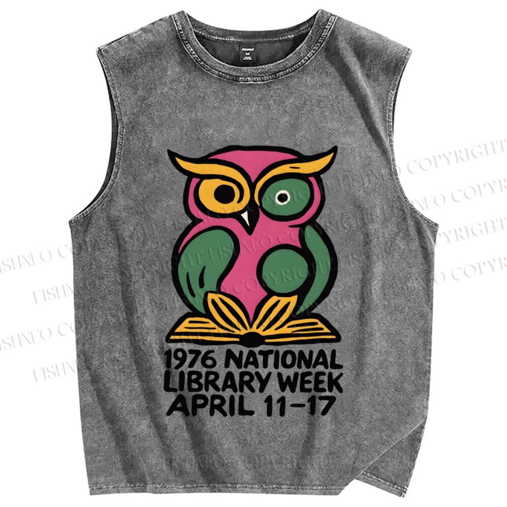 Unisex National Library Week Owl Printed Washed Tank Top