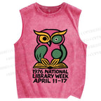 Unisex National Library Week Owl Printed Washed Tank Top