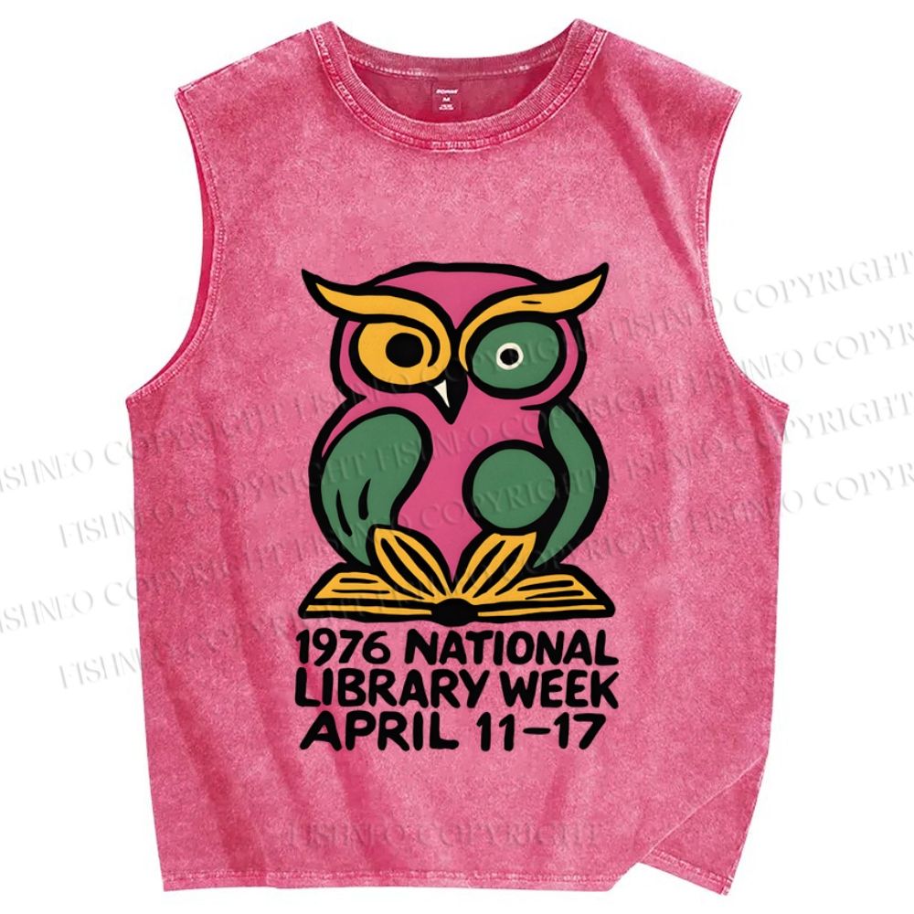 Unisex National Library Week Owl Printed Washed Tank Top