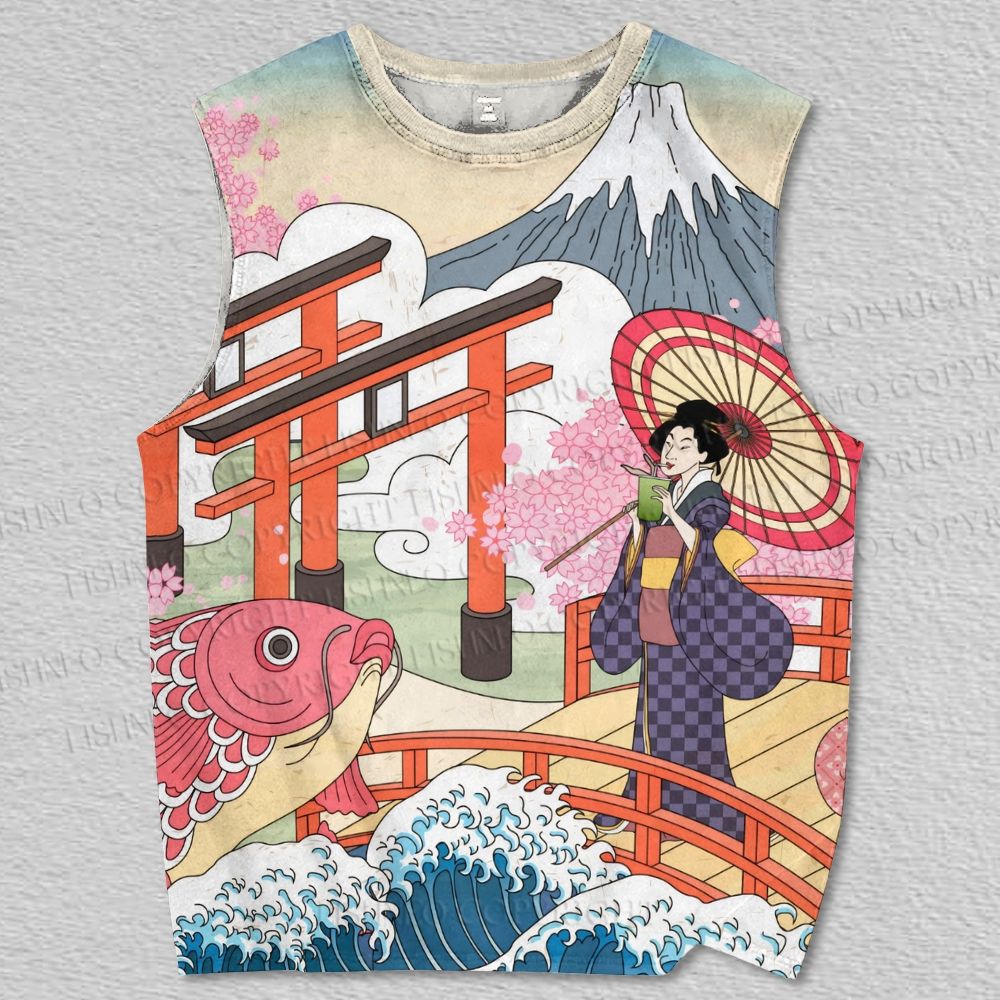 Unisex Japanese Ukiyo-e Mount Fuji Geisha Printed Tank Top