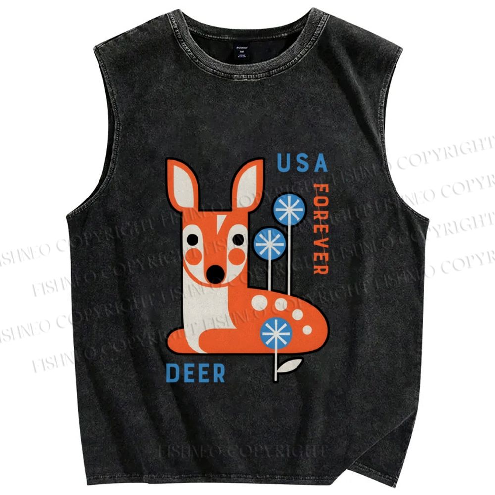 Unisex Cute Deer Printed Washed Tank Top