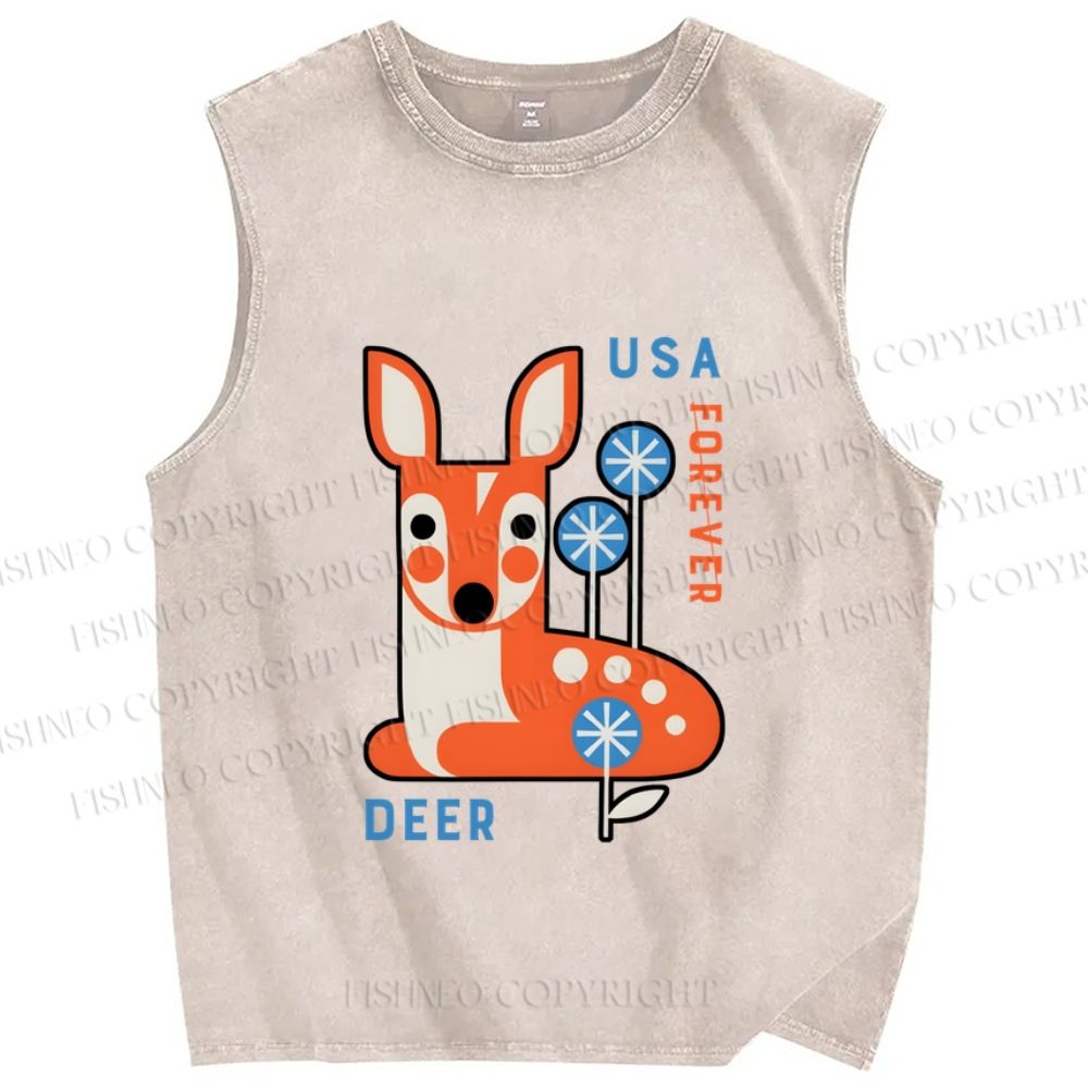 Unisex Cute Deer Printed Washed Tank Top